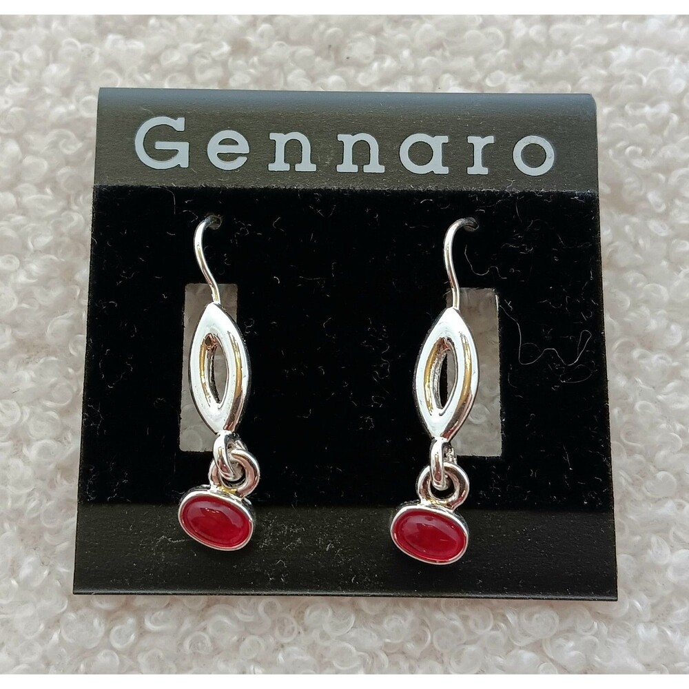 Gennaro Silvertone Red Glass Cabachon Dangle Earrings 1.5 in NWT